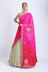 Green And Pink Bandhani Lehenga Saree