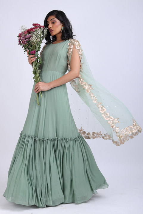 Mint green embellished gown with jacket