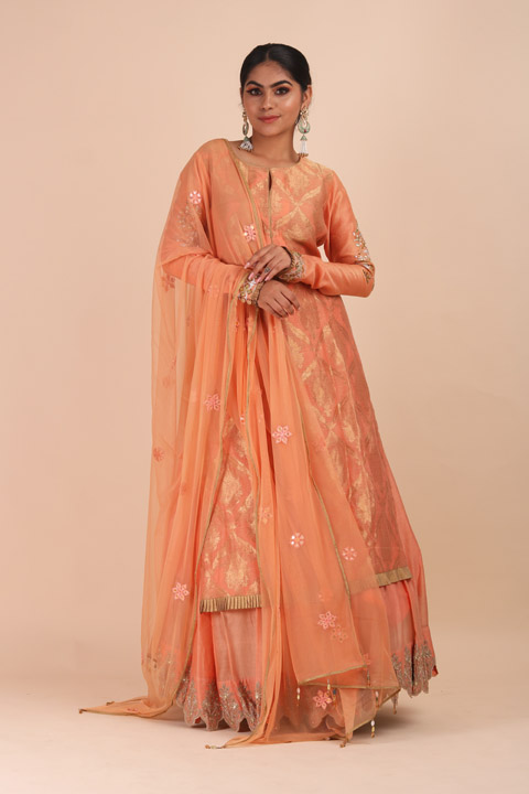 Orange Chanderi Anarkali Set
