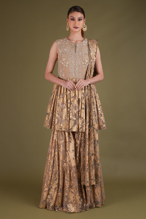 Gold Foil Print Sharara Set