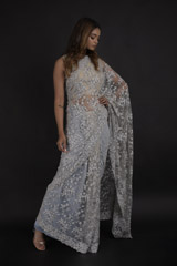 Grey Embroidered Saree_DTR0405