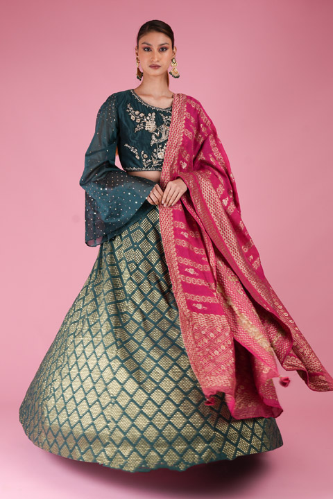 Teal Zari Embroidered Lehenga