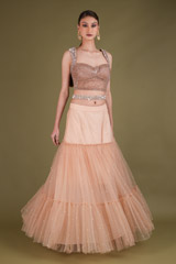 Salmon Pearl Net Embellished top and bottom set