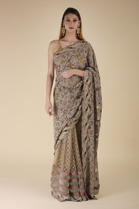 Brown Scallop Border Saree