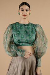 Green puffed sleeve blouse2