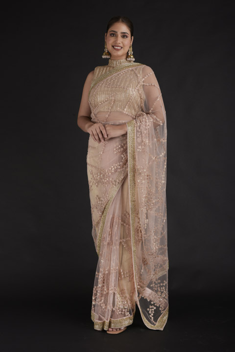 Peach Sequins Embroidered Saree