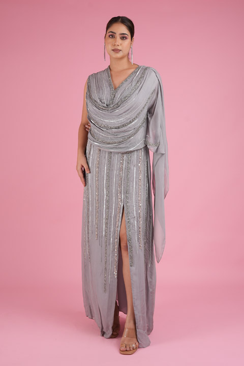 Light Grey Embellished Slit Gown