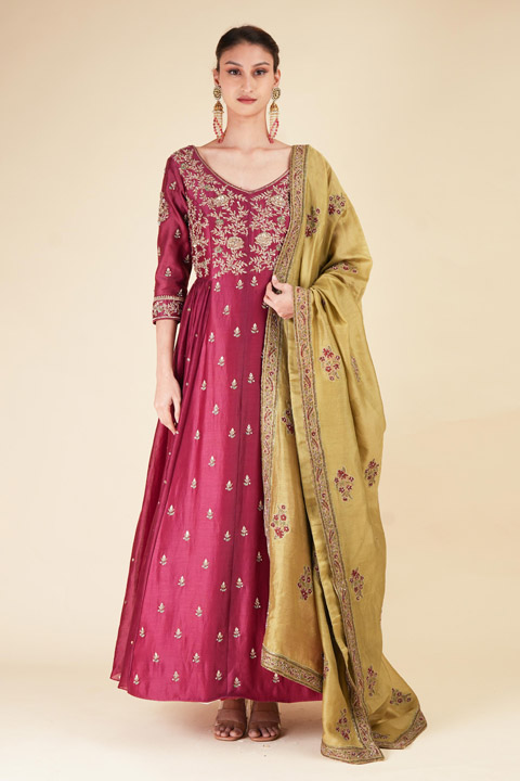 Red Gathered Anarkali Set