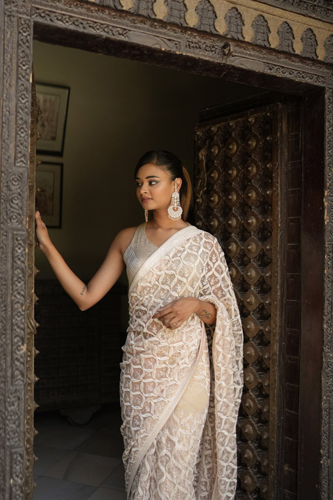 Cream Embroidered Saree