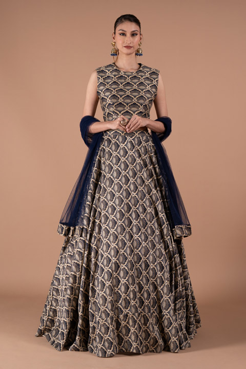 Leaf Print Chanderi Blue Set