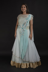 Turquoise Embellished Saree Gown_DTR1328