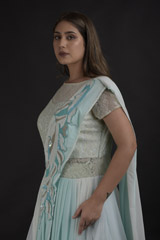 Turquoise Embellished Saree Gown_DTR1330