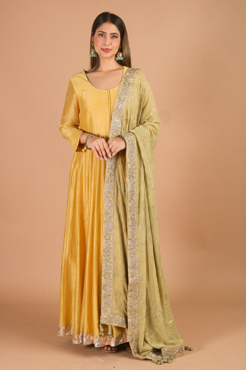 Yellow Anarkali With Golden Embroiderey Olive Dupatta