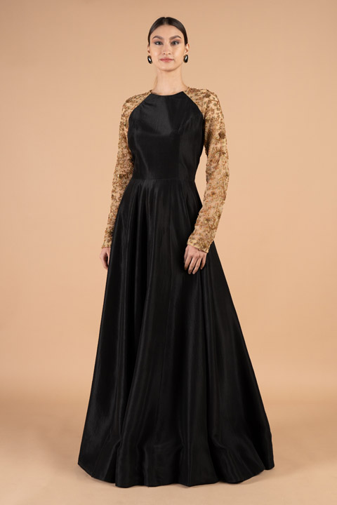 Gold Embellished Sleeve Black Anarkali Gown