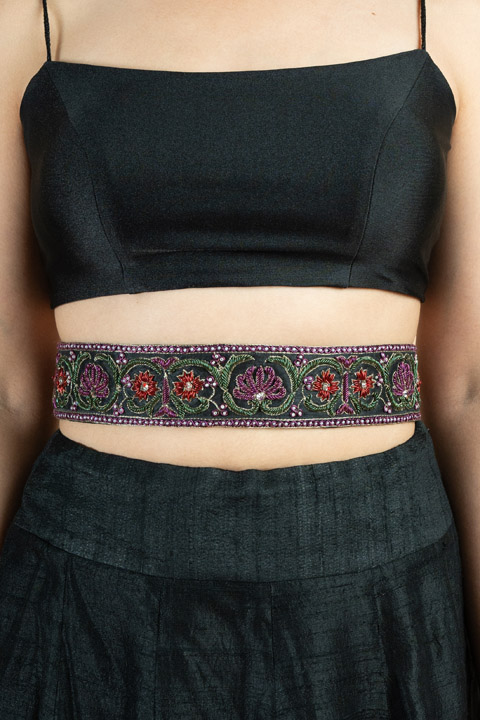 Multi Coloured Flower Embroidered Black Belt