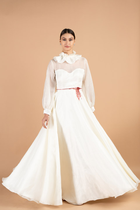 White Organza Pleated Collar Gown