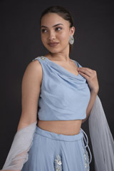 Blue Cowl Neck Lehenga Set_DTR2853