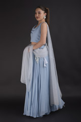 Blue Cowl Neck Lehenga Set_DTR2855