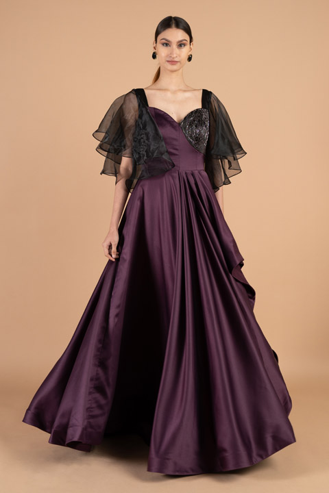 Dark Purple Organza Sleeve Gown
