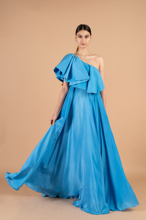 Blue Ruffled Asymmetrical Gown