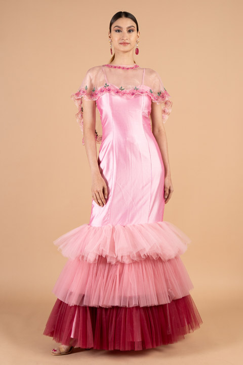 Multi Pink Embroidered Cape Gown