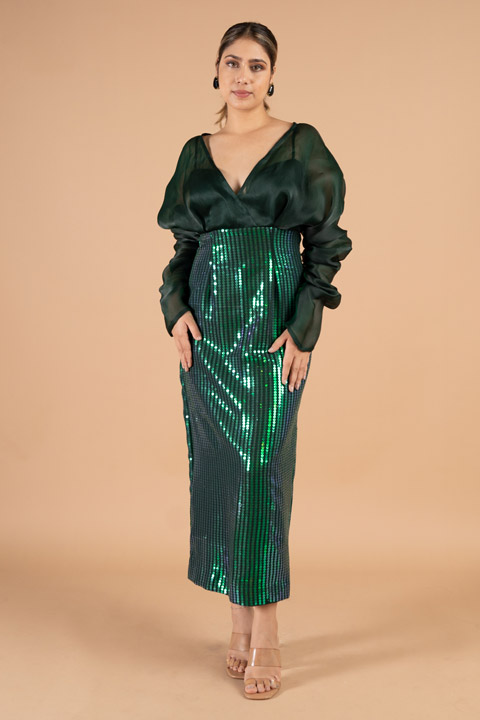 Green puff sequence dress
