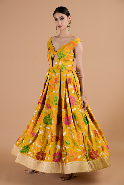 Yellow off the shoulder floral gown