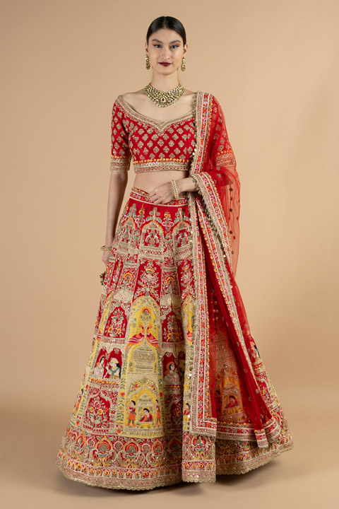 Red and yellow bridal lehenga set