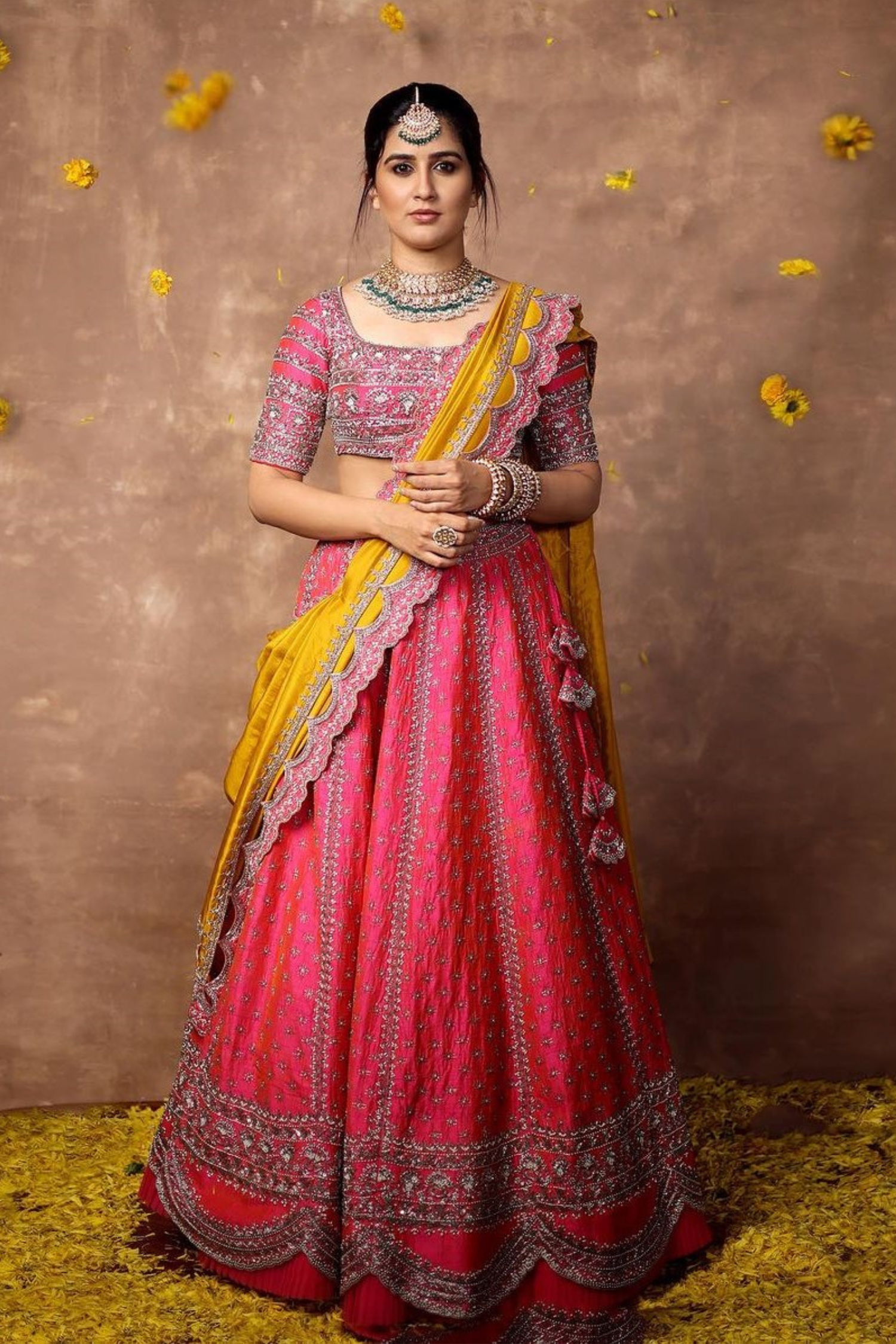 Pink Embroidered Lehenga With Yellow Scalloped Dupatta3