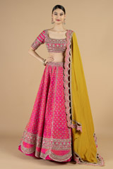 Pink Embroidered Lehenga With Yellow Scalloped Dupatta