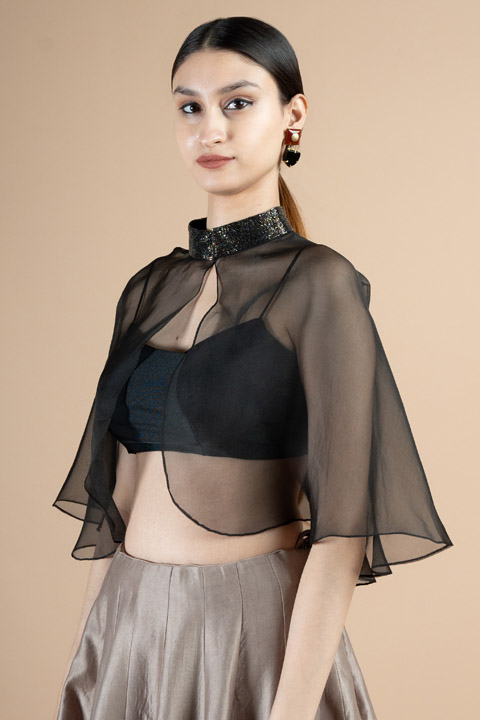 Black organza cape with stand collar