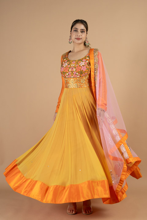 Orange and yellow Georgette Anarkali Set