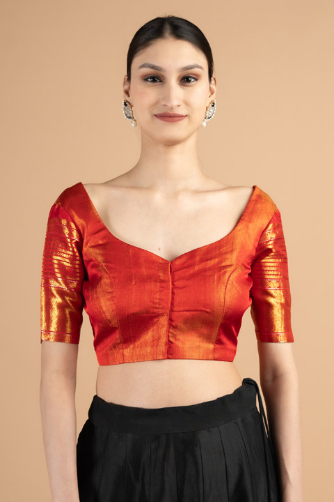 Round sweetheart neckline orange blouse