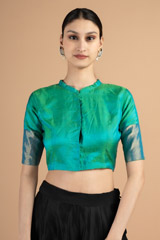 Full neck turquoise blouse with silver borderDSC00904
