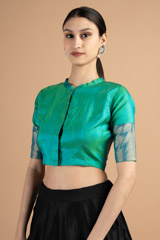 Full neck turquoise blouse with silver borderDSC00905