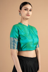 Full neck turquoise blouse with silver borderDSC00909