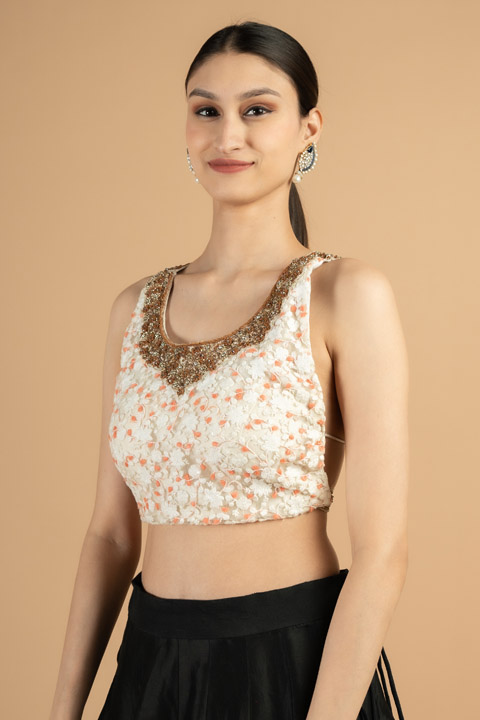 I shaped backless white blouse with neck and back embellishment