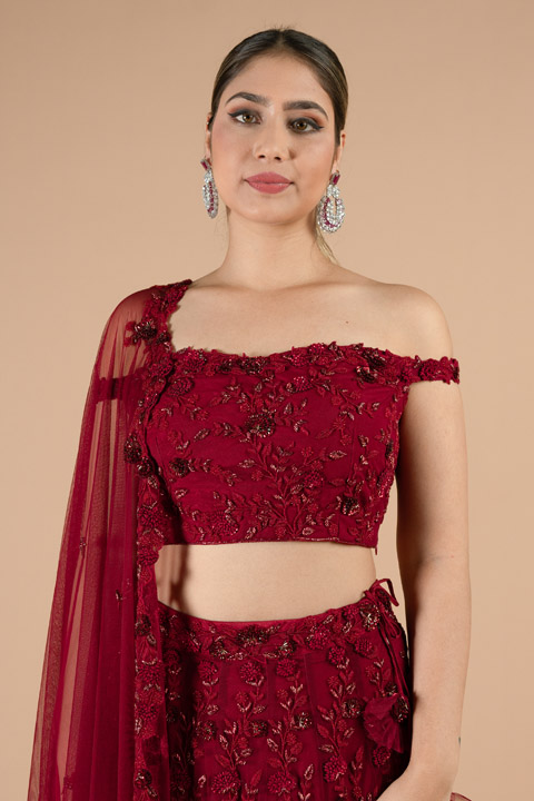 Red Sequinned Off Shoulder Lehenga