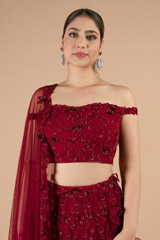 Red Sequinned Off Shoulder Lehenga