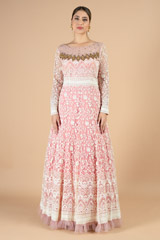 Pink gown with white floral lace