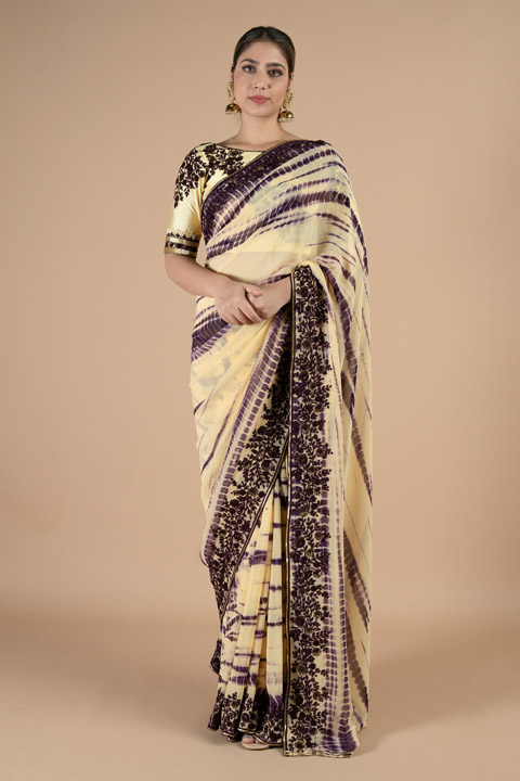 Purple Cream Floral Embroidered Saree Set