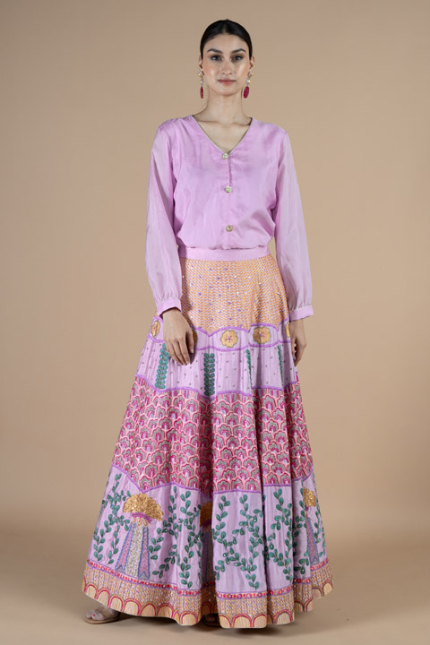 Lavender shirt with multi coloured thread embroidered skirt