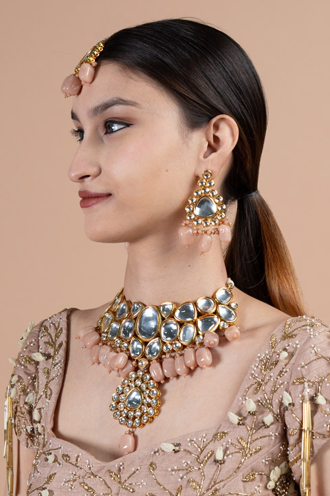Peach Kundan Set