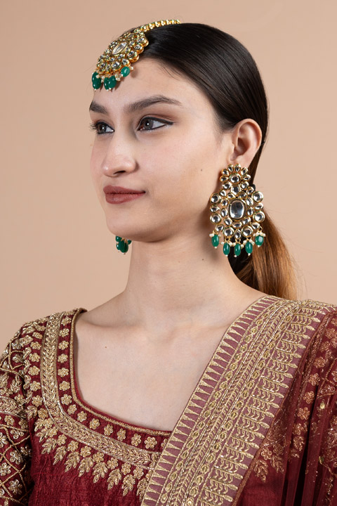 Green Kundan Earring with Mangtika