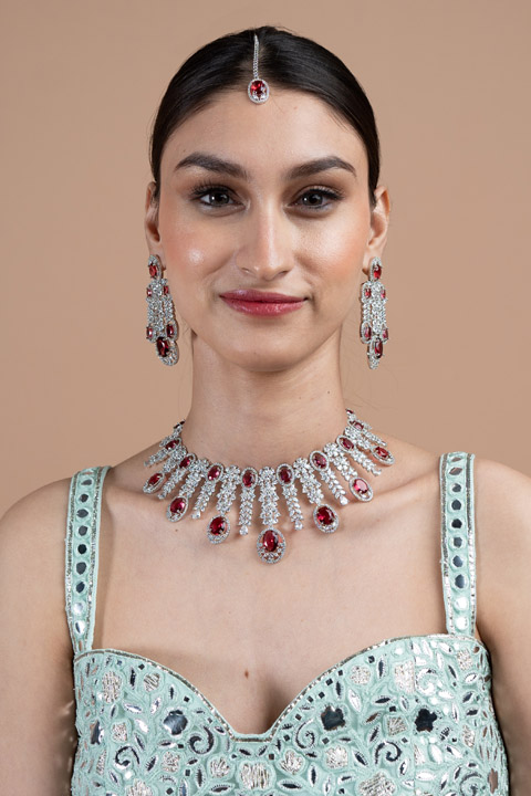 Magenta Zircon Studded Necklace Set