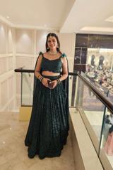 Emerald green sequin embellished frill adornment lehenga set2