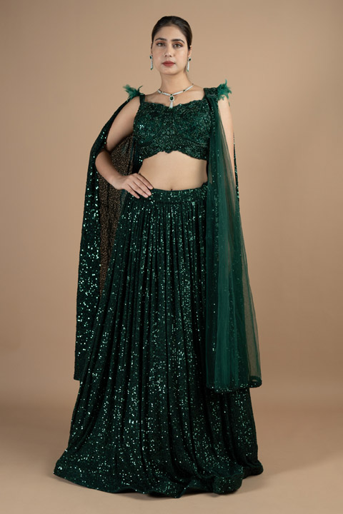 Emerald green sequin embellished frill adornment lehenga set