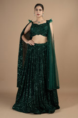 Emerald green sequin embellished frill adornment lehenga set