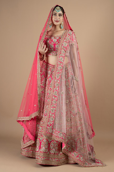 Bridal fluorescent pink heavy embroidered lehenga set