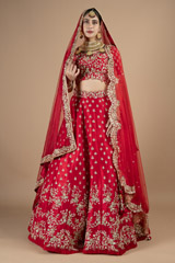 Red bridal embroidered lehenga with scalloped dupatta